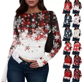 Женская модная повседневная футболка с круглым вырезом и рождественским принтом с длинным рукавом XL винный