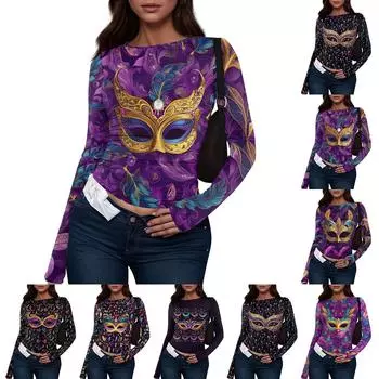 Женская модная повседневная футболка с круглым вырезом и длинным рукавом в стиле ретро S