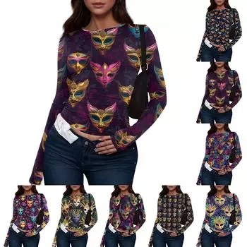 Женская модная повседневная футболка с круглым вырезом и длинным рукавом в стиле ретро L фиолетовый