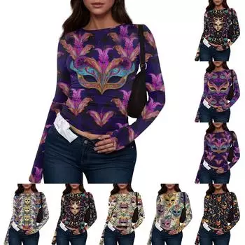 Женская модная повседневная футболка с круглым вырезом и длинным рукавом в стиле ретро XS хаки