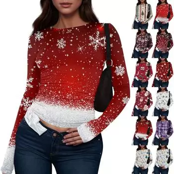 Женская модная повседневная футболка с круглым вырезом и рождественским принтом с длинным рукавом XL фиолетовый