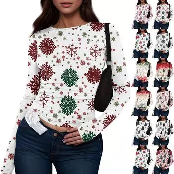 Женская модная повседневная футболка с круглым вырезом и рождественским принтом с длинным рукавом XS винный