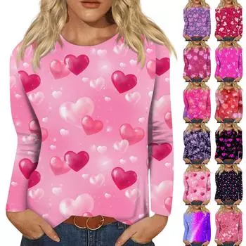 Женская модная повседневная футболка с круглым вырезом и длинным рукавом, топ с принтом «День Святого Валентина и любовь» L синий