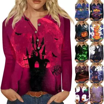 Женская модная повседневная футболка с круглым вырезом и длинными рукавами на Хэллоуин с принтом на пуговицах Топ M