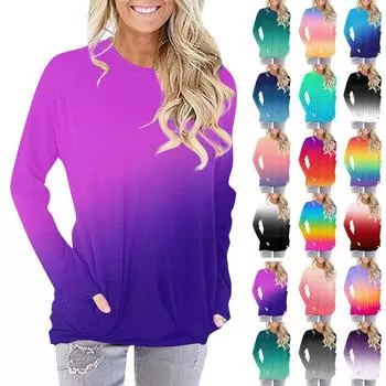 Женская модная повседневная футболка с круглым вырезом и длинными рукавами и карманом L розовый