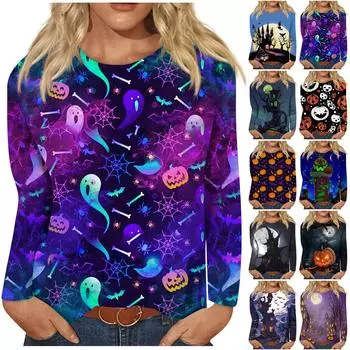 Женская модная повседневная футболка с круглым вырезом и длинным рукавом с принтом на Хэллоуин M оранжевый