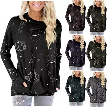 Женская модная повседневная футболка с круглым вырезом и принтом Хэллоуина, с длинными рукавами и карманами M серый