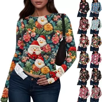 Женская модная повседневная футболка с круглым вырезом и рождественским принтом с длинным рукавом L