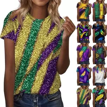 Женская модная повседневная футболка с круглым вырезом и коротким рукавом с карнавальным принтом XXL