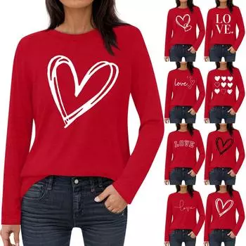 Женская модная повседневная футболка с круглым вырезом и длинными рукавами с принтом «Любовь ко Дню святого Валентина» L чёрный