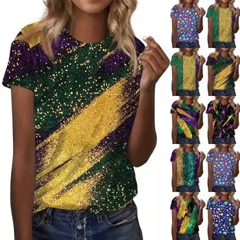 Женская модная повседневная футболка с круглым вырезом и коротким рукавом с карнавальным принтом L