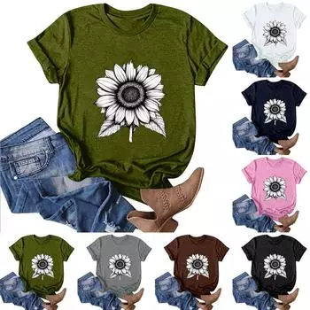 Женская модная повседневная футболка с круглым вырезом и принтом, пуловер с короткими рукавами, топ L армия зеленый