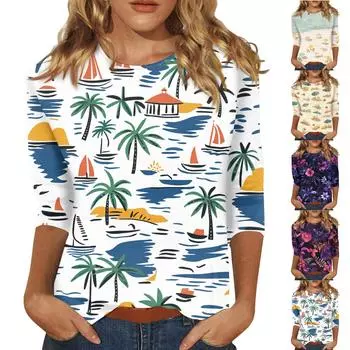 Женская модная повседневная футболка с круглым вырезом и рукавом 3/4, женский топ L синий