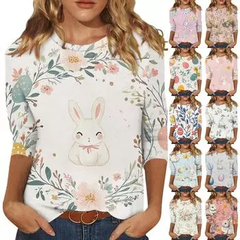 Женская модная повседневная футболка с круглым вырезом и семью рукавами и пасхальным принтом XXXL бежевый