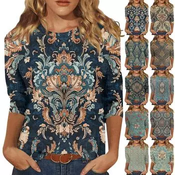 Женская модная повседневная футболка с круглым вырезом и винтажным принтом, семь рукавов M синий