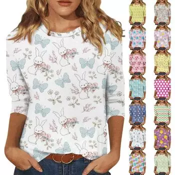Женская модная повседневная футболка с круглым вырезом и семью рукавами и пасхальным принтом XL