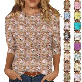 Женская модная повседневная футболка с круглым вырезом и семью рукавами и пасхальным принтом L синий