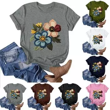 Женская модная повседневная футболка с круглым вырезом и принтом, пуловер с короткими рукавами, топ XL