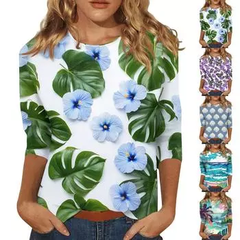 Женская модная повседневная футболка с круглым вырезом и рукавом 3/4, женский топ L зелёный