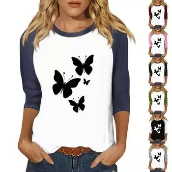 Женская модная повседневная футболка с круглым вырезом, рукавами семь, на пуговицах с принтом M розовый