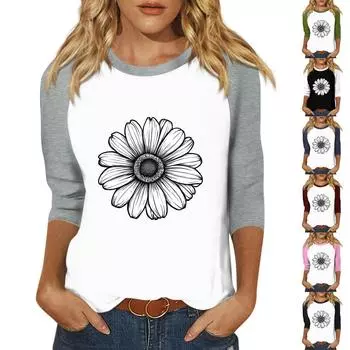 Женская модная повседневная футболка с круглым вырезом, рукавами семь, на пуговицах с принтом M винный