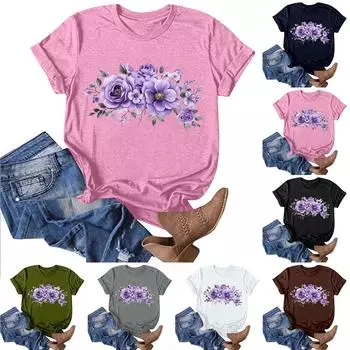 Женская модная повседневная футболка с круглым вырезом и принтом, пуловер с короткими рукавами, топ XXL винный