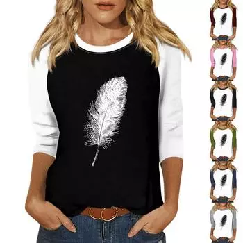 Женская модная повседневная футболка с круглым вырезом, рукавами семь, на пуговицах с принтом XL белый