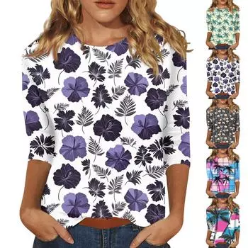 Женская модная повседневная футболка с круглым вырезом и рукавом 3/4, женский топ S