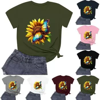 Женская модная повседневная футболка с круглым вырезом и короткими рукавами M тёмно-синий