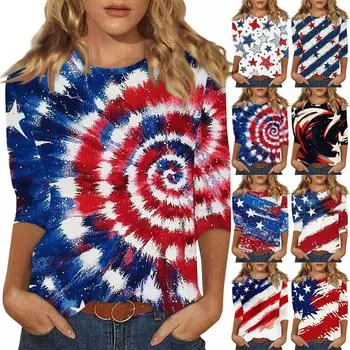 Женская модная повседневная футболка с круглым вырезом и принтом 3/4 L синий