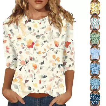 Женская модная повседневная футболка с круглым вырезом и принтом 3/4 L бежевый