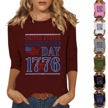 Женская модная повседневная футболка с круглым вырезом и принтом «День независимости» длиной 3/4 XXL