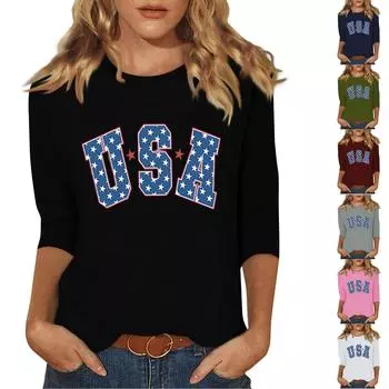 Женская модная повседневная футболка с круглым вырезом и принтом «День независимости» длиной 3/4 XXL чёрный