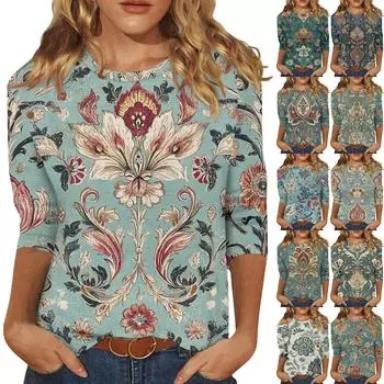 Женская модная повседневная футболка с круглым вырезом и винтажным принтом, семь рукавов S
