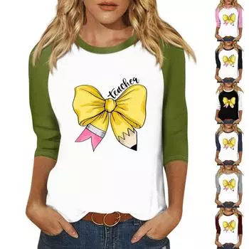 Женская модная повседневная футболка с круглым вырезом, рукавами семь, на пуговицах с принтом L тёмно-синий