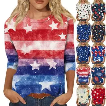Женская модная повседневная футболка с круглым вырезом и принтом «День независимости» с семью рукавами S