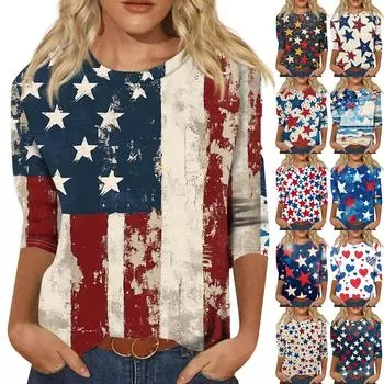 Женская модная повседневная футболка с круглым вырезом и принтом «День независимости» с семью рукавами XXL