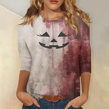Женская модная повседневная футболка с круглым вырезом и принтом на Хэллоуин с семью рукавами, топ S верблюд