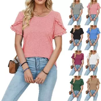 Женская модная повседневная футболка с круглым вырезом и рукавами-лепестками, однотонная свободная футболка XL чёрный