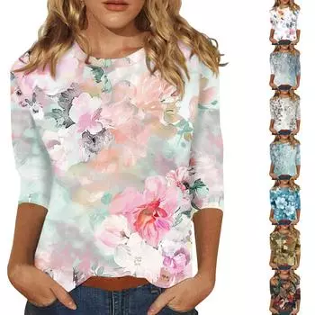 Женская модная повседневная футболка с круглым вырезом и принтом 3/4 L
