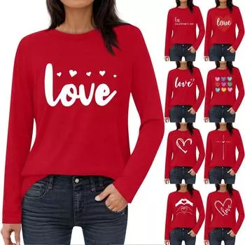Женская модная повседневная футболка с круглым вырезом и длинными рукавами с принтом «Любовь ко Дню святого Валентина» XXL винный