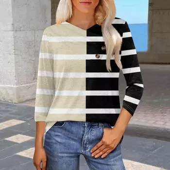 Женская модная повседневная футболка с полосатым принтом, рукавами-семью, V-образным вырезом и застежкой на пуговицы L бежевый
