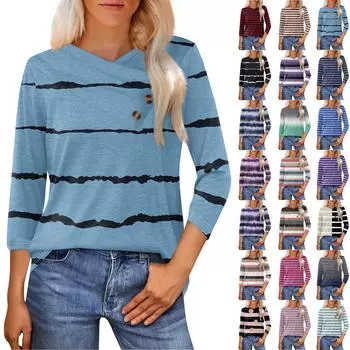 Женская модная повседневная футболка с полосатым принтом, рукавами-семью, V-образным вырезом и застежкой на пуговицы L бежевый