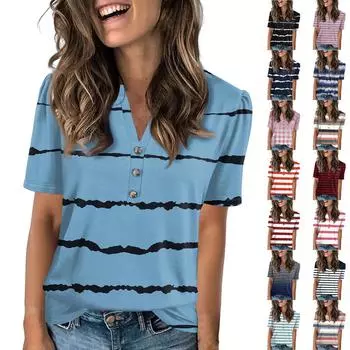 Женская модная повседневная футболка с полосатым принтом и V-образным вырезом, коротким рукавом, на пуговицах M