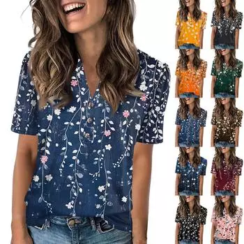 Женская модная повседневная футболка с полосатым принтом и V-образным вырезом, коротким рукавом, на пуговицах M