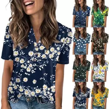 Женская модная повседневная футболка с полосатым принтом и V-образным вырезом, коротким рукавом, на пуговицах M