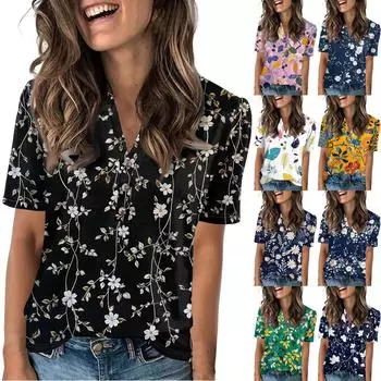 Женская модная повседневная футболка с полосатым принтом и V-образным вырезом, коротким рукавом, на пуговицах S