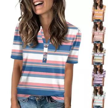 Женская модная повседневная футболка с полосатым принтом и V-образным вырезом, коротким рукавом, на пуговицах XXL синий