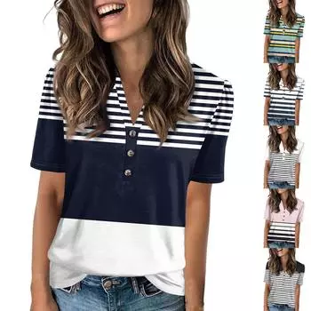 Женская модная повседневная футболка с полосатым принтом и V-образным вырезом, коротким рукавом, на пуговицах L белый