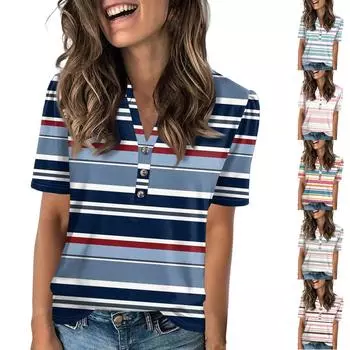 Женская модная повседневная футболка с полосатым принтом и V-образным вырезом, коротким рукавом, на пуговицах XL циан